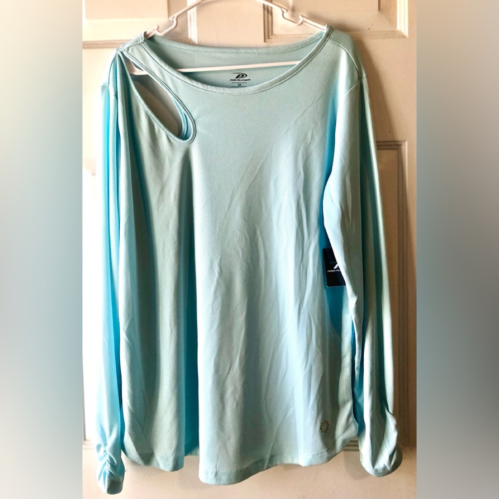 Pro Player Light Aqua Blue Shoulder Cutout Long Sleeve Poly Athletic Top 2X NWT